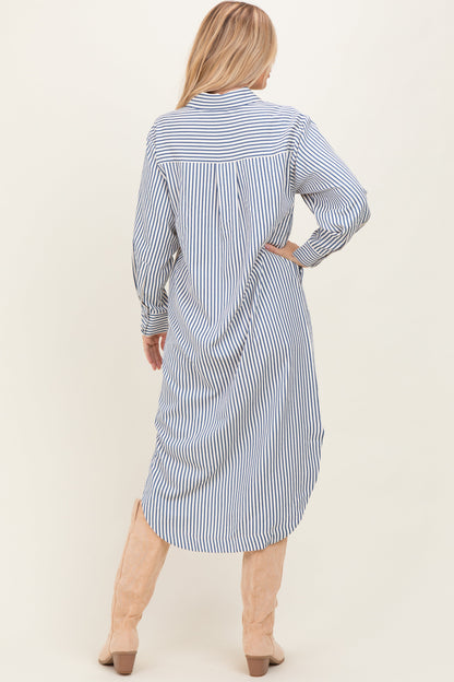 Navy Textured Stripe Button Down Shirt Dress