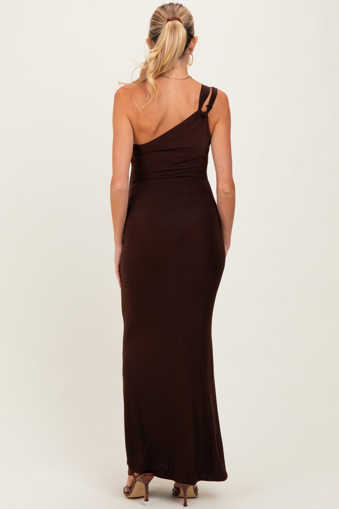 Brown Double Strap One Shoulder Maternity Maxi Dress