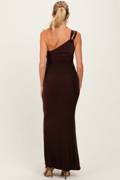 Brown Double Strap One Shoulder Maternity Maxi Dress