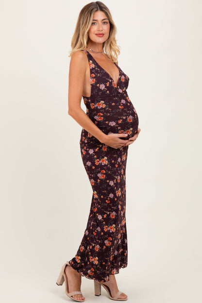 Brown Floral Deep V-Neck Sleeveless Maternity Maxi Dress