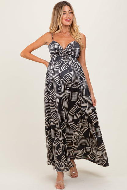 Black Printed Halter Cutout Tie Back Maternity Maxi Dress