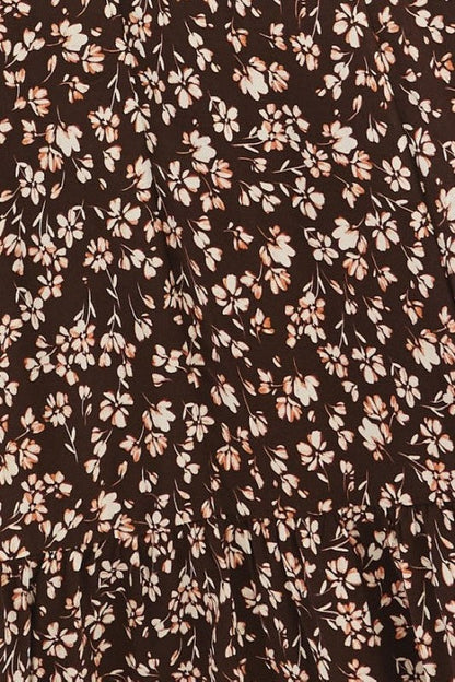 Brown Floral Square Neck Long Sleeve Maxi Dress