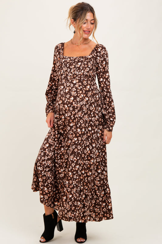 Brown Floral Square Neck Long Sleeve Maternity Maxi Dress