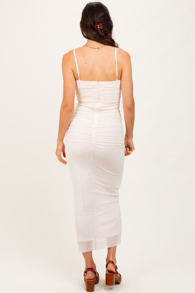 Cream Mesh Ruched Sleeveless Midi Dress