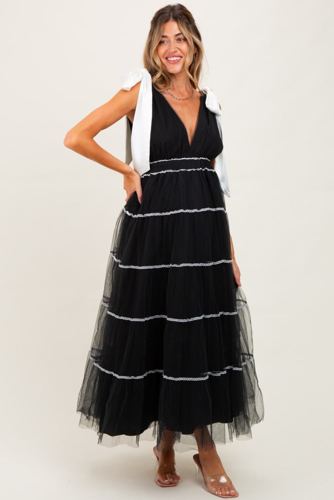 Black Shoulder Bow Tie Lace Detail Tulle Maternity Midi Dress