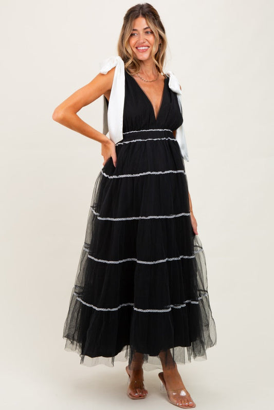 Black Shoulder Bow Tie Lace Detail Tulle Maternity Midi Dress