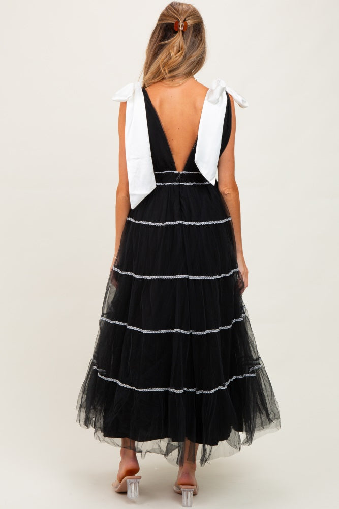Black Shoulder Bow Tie Lace Detail Tulle Maternity Midi Dress