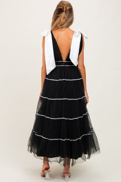 Black Shoulder Bow Tie Lace Detail Tulle Maternity Midi Dress