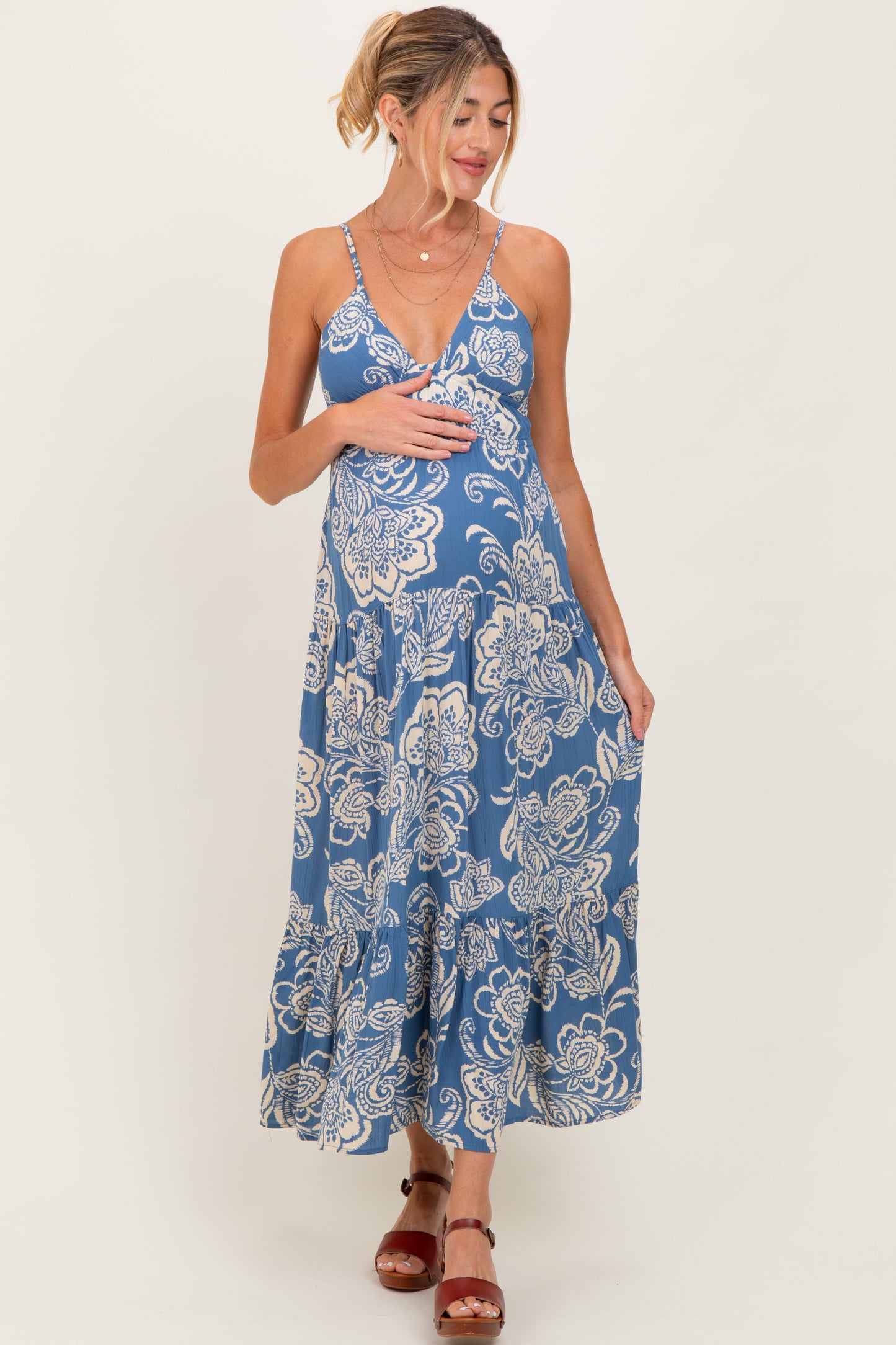 Blue Floral Cutout Tie Back Maternity Midi Dress