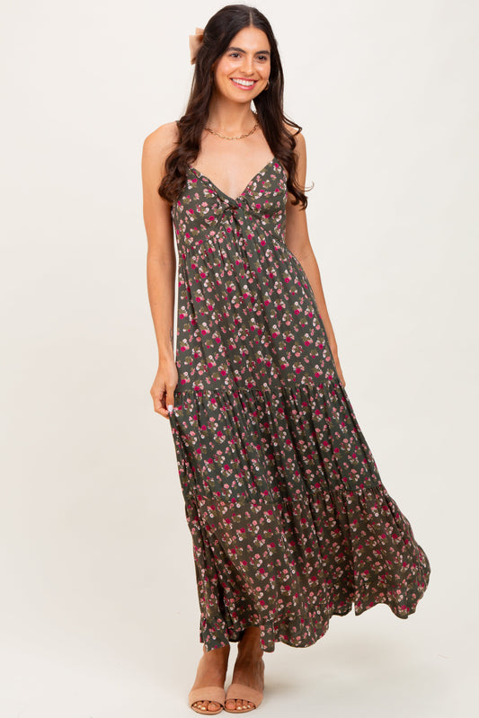 Olive Twist Front Tiered Midi Dress