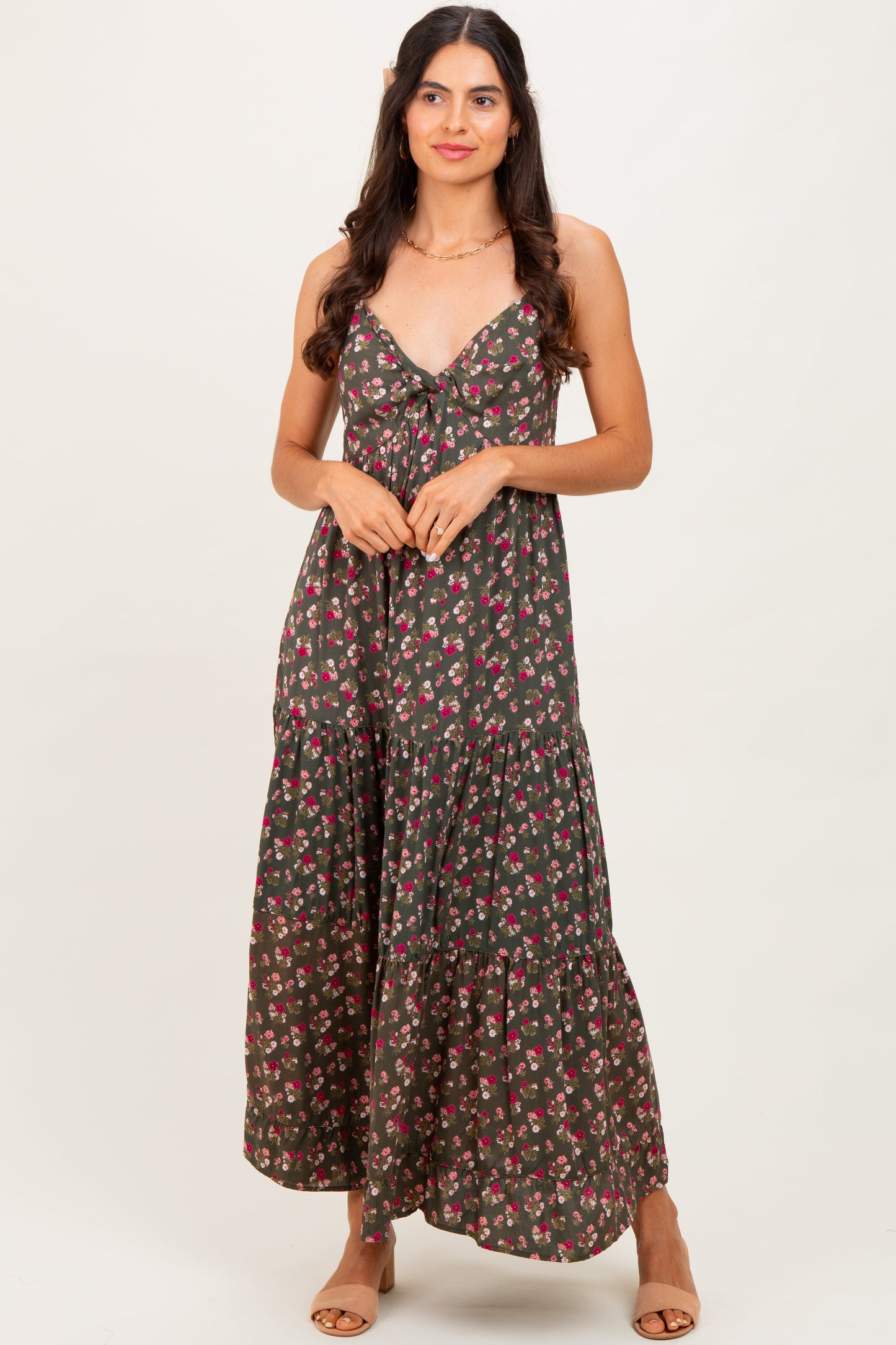 Olive Twist Front Tiered Midi Dress