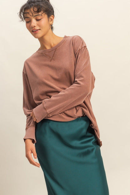 Camel Mineral Washed Drop Shoulder Long Sleeve Top