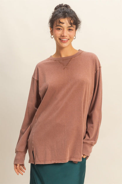Camel Mineral Washed Drop Shoulder Long Sleeve Top