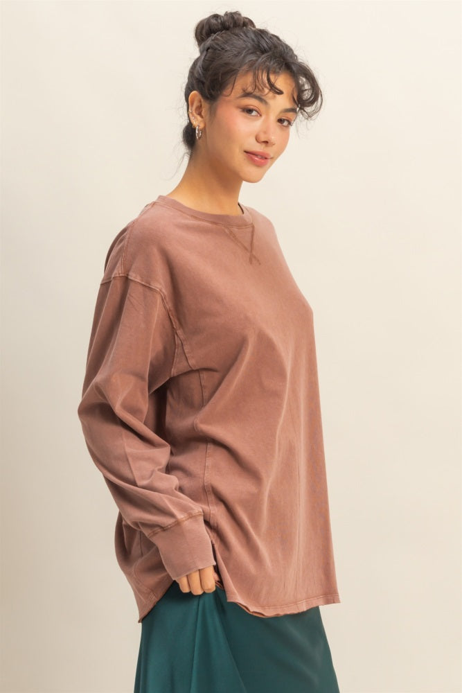 Camel Mineral Washed Drop Shoulder Long Sleeve Top