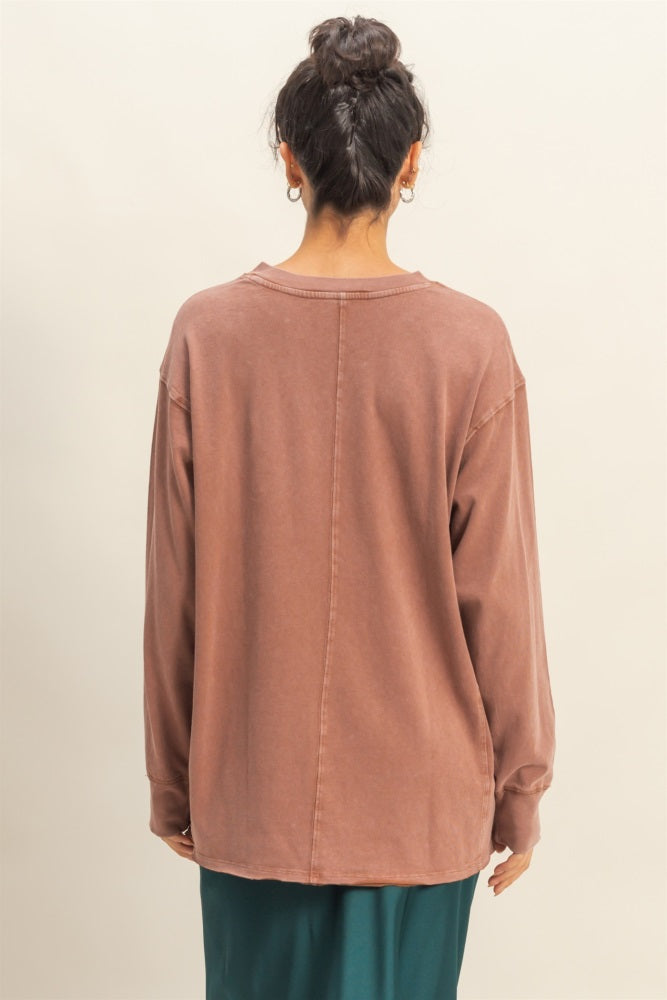 Camel Mineral Washed Drop Shoulder Long Sleeve Top