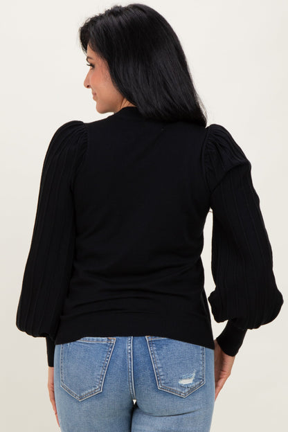 Black Ribbed Bubble Sleeve Knit Top