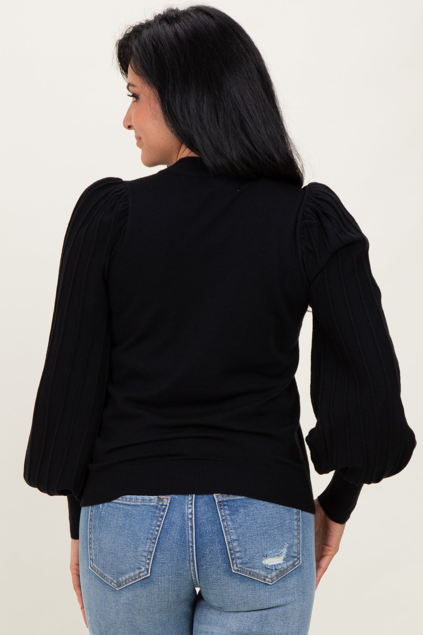 Black Ribbed Bubble Sleeve Knit Top