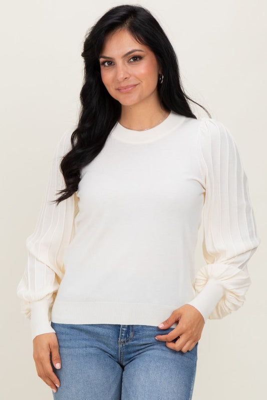 Ivory Ribbed Bubble Sleeve Knit Top