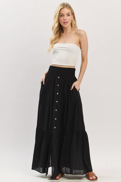 Black Smocked Waist Button Accent Maxi Skirt