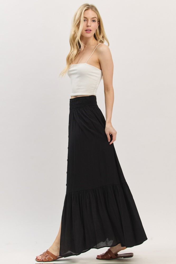 Black Smocked Waist Button Accent Maxi Skirt