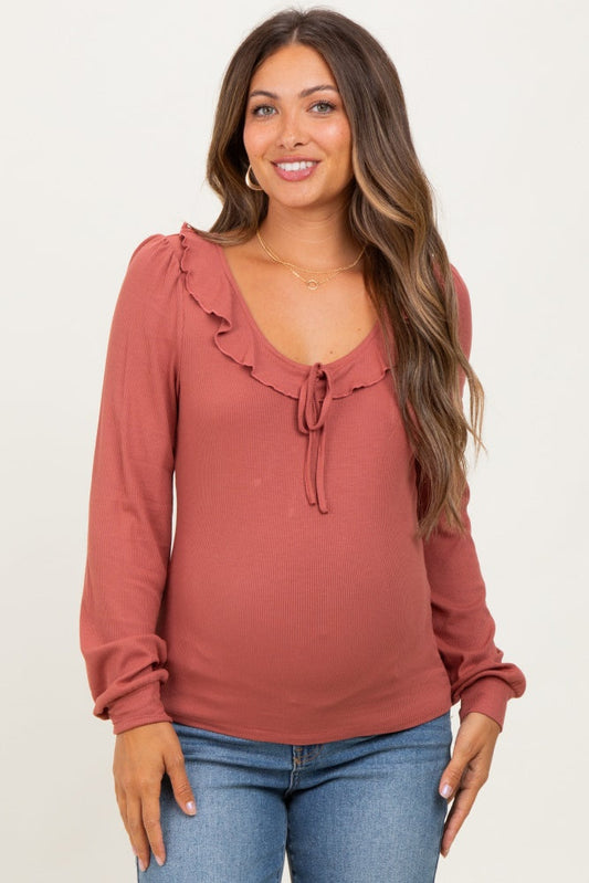 Mauve Ruffle Tie Detail Long Sleeve Maternity Top