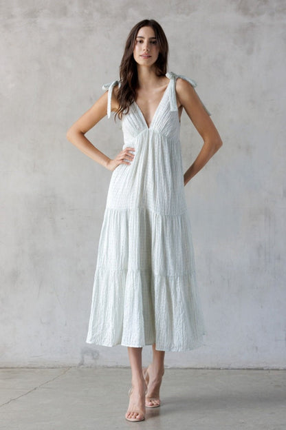 Light Blue V-Neck Shoulder Tie Midi Dress