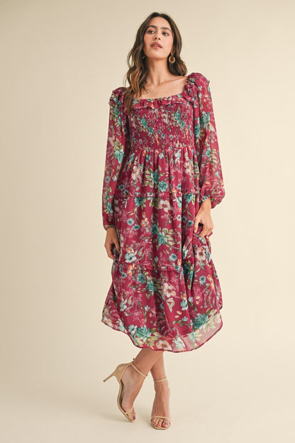 Burgundy Floral Chiffon Smocked Ruffle Tiered Midi Dress
