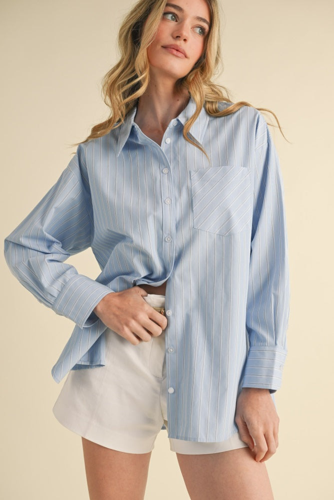 Light Blue Striped Button Down Oversized Maternity Shirt