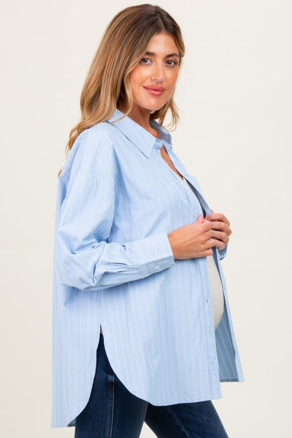 Light Blue Striped Button Down Oversized Maternity Shirt