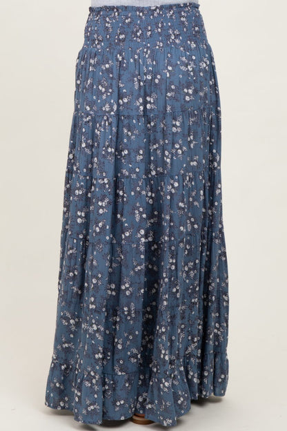 Blue Floral Smocked Waist Tiered Maxi Skirt