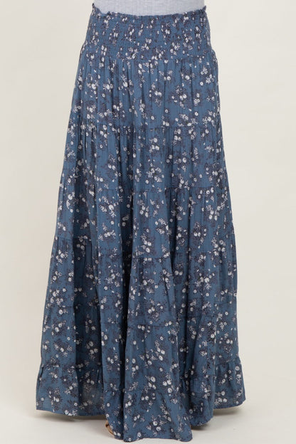 Blue Floral Smocked Waist Tiered Maxi Skirt