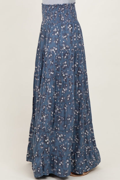 Blue Floral Smocked Waist Tiered Maxi Skirt