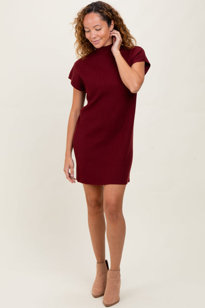 Burgundy Ribbed Knit Maternity Short Sleeve Sweater Dress