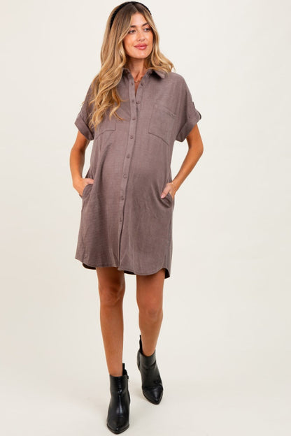 Mocha Faux Suede Button Down Maternity Shirt Dress