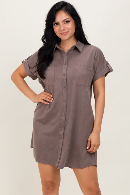 Mocha Faux Suede Button Down Maternity Shirt Dress