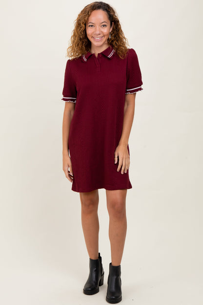 Burgundy Jacquard Ruffle Accent Polo Dress