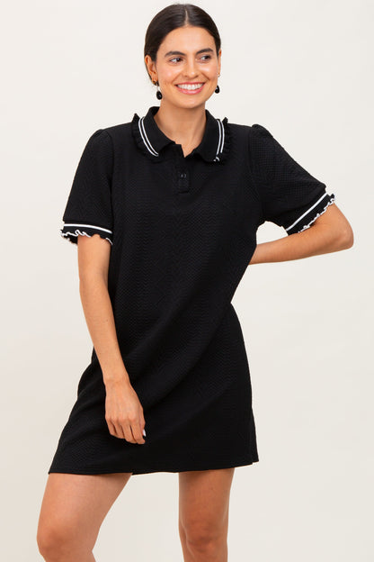 Black Jacquard Ruffle Accent Polo Dress