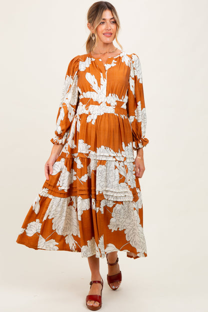 Camel Floral Long 3/4 Sleeve Tiered Maternity Midi Dress