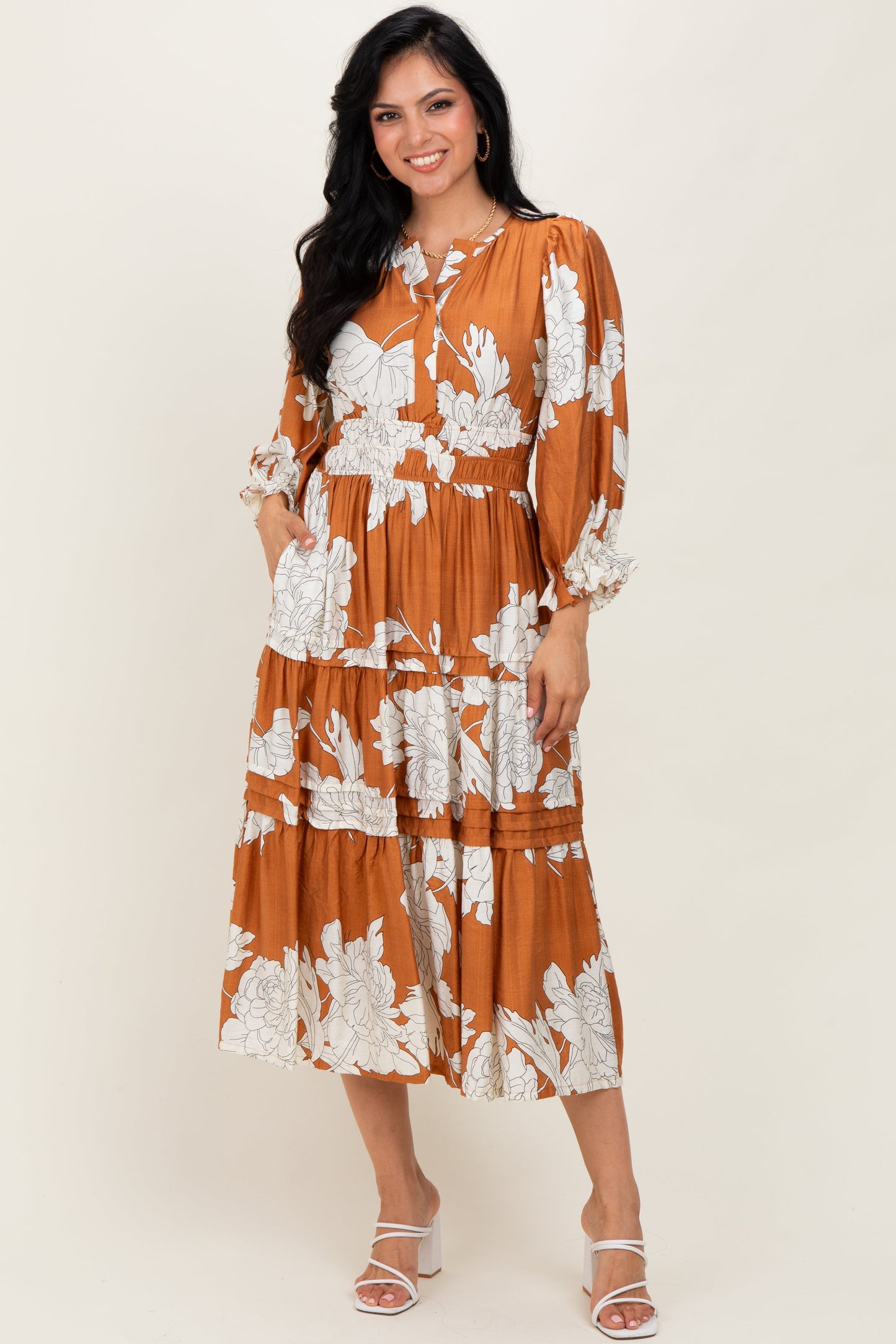 Camel Floral Long 3/4 Sleeve Tiered Maternity Midi Dress