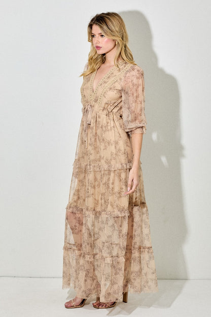 Camel Floral Mesh Overlay Lace Trim Maxi Dress
