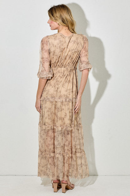 Camel Floral Mesh Overlay Lace Trim Maxi Dress