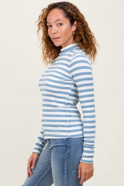 Blue Striped Turtleneck Long Sleeve Top