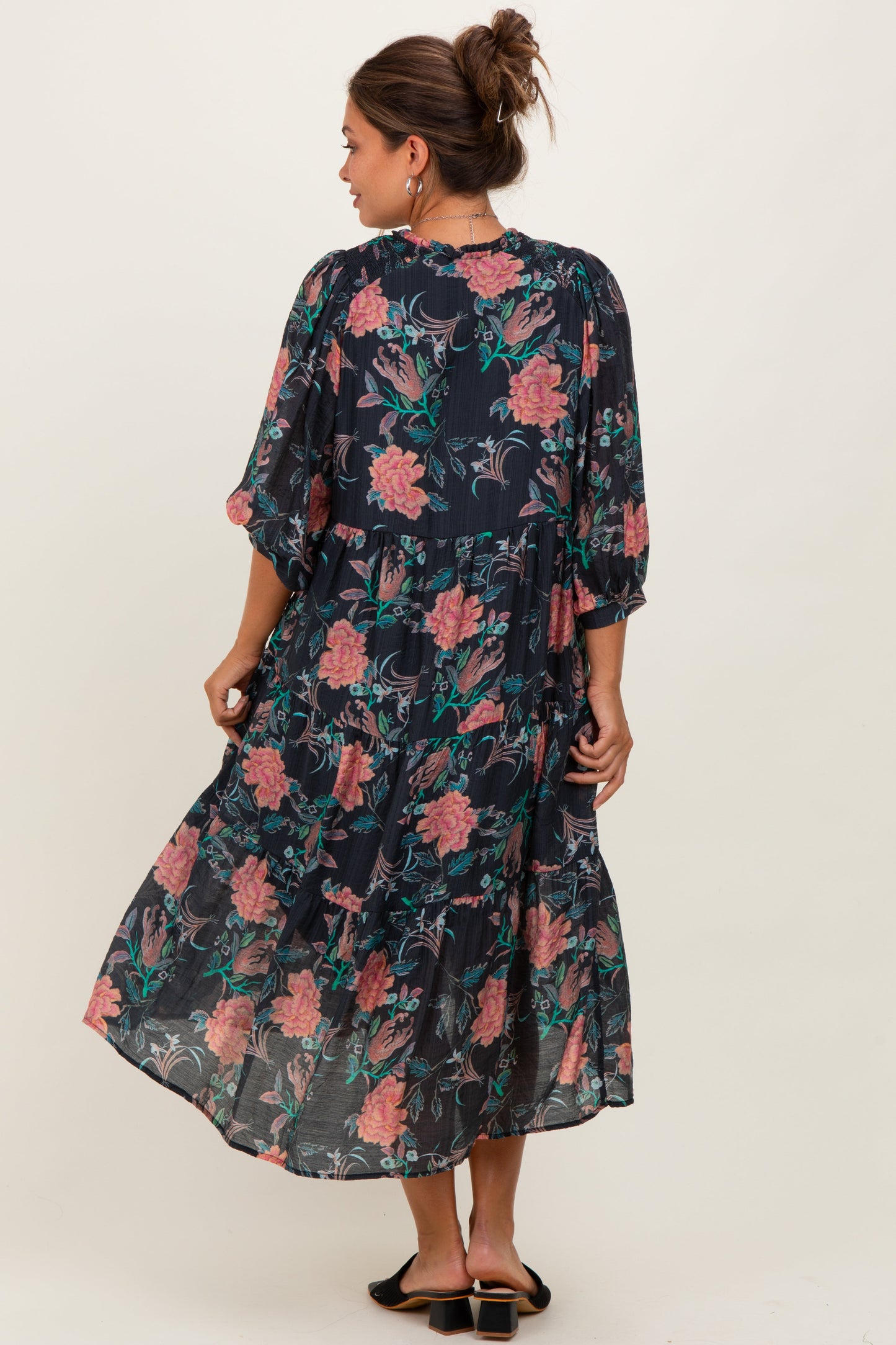 Black Floral Front Tie Tiered Maternity Midi Dress