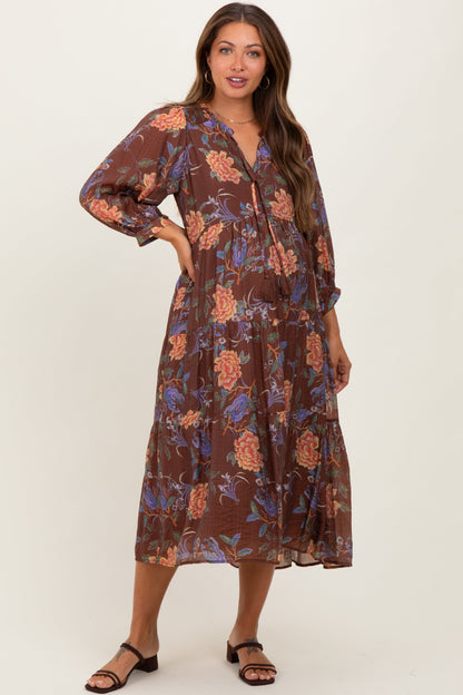 Brown Floral Front Tie Tiered Maternity Midi Dress