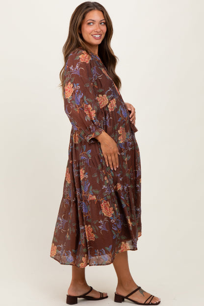 Brown Floral Front Tie Tiered Maternity Midi Dress