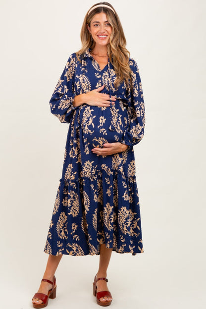 Navy Damask Front Tie Smocked Waist Maternity Midi Dress