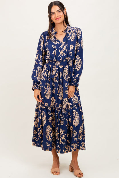 Navy Damask Front Tie Smocked Waist Midi Dress