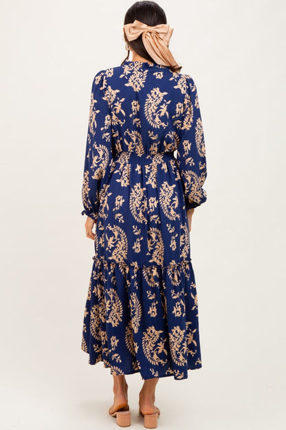 Navy Damask Front Tie Smocked Waist Midi Dress