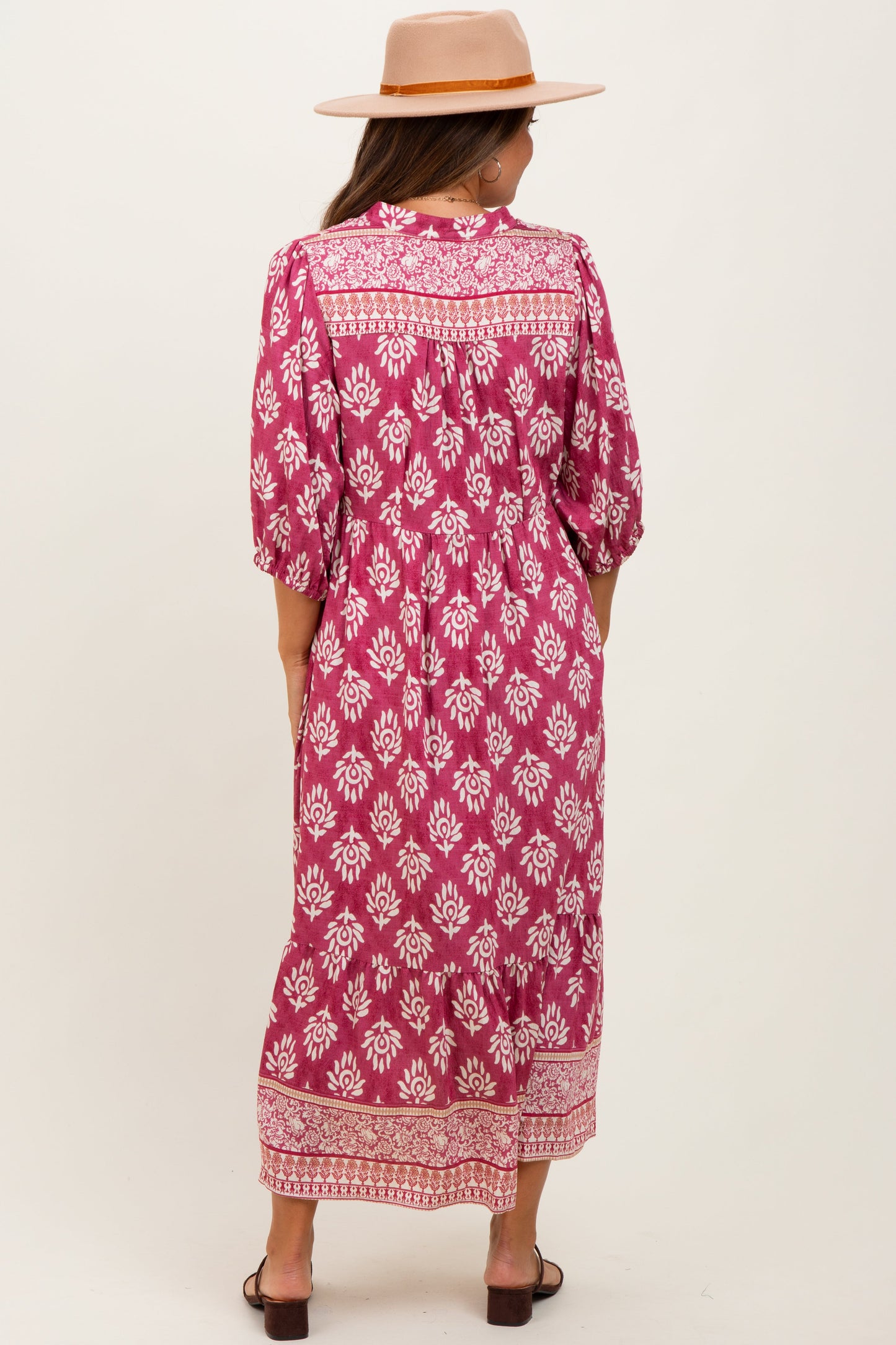 Pink Floral Contrast Print 3/4 Sleeve Maternity Midi Dress