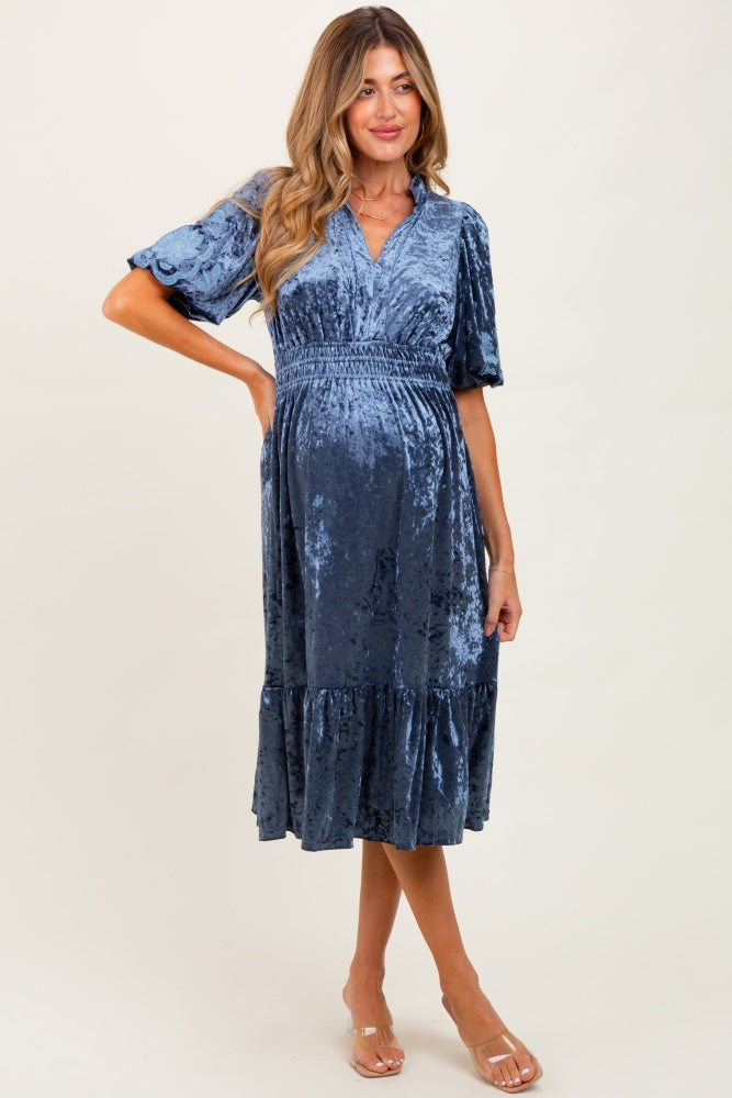 Blue Embroidered Velvet Smocked Waist Maternity Midi Dress